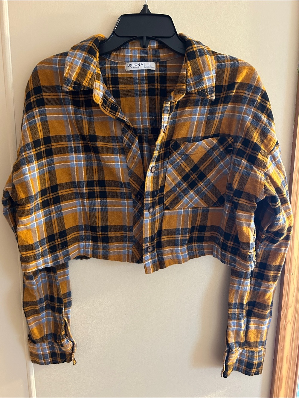 Arizona Jean Company Mustard Black Plaid Cropped Flannel Top